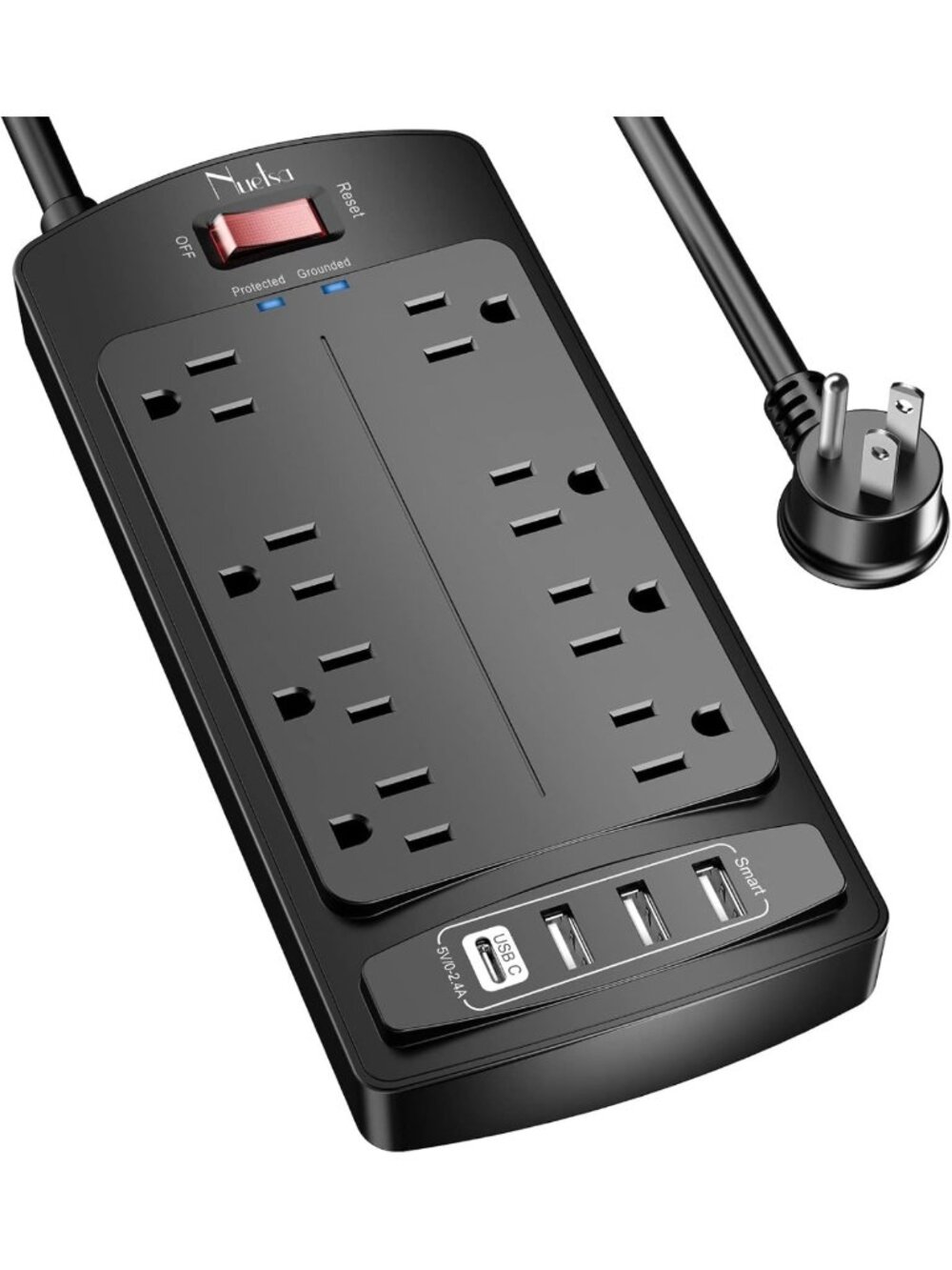 8-Outlet Surge Protector Power Strip with 4 USB Ports & Flat Plug, 6ft Cord